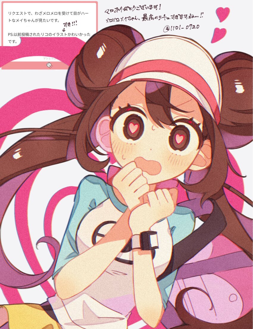 1girl black_pantyhose blush breasts brown_eyes brown_hair donut_hair_bun double_bun hair_bun hat heart heart-shaped_pupils highres long_hair looking_at_viewer nintendo open_mouth pantyhose pantyhose_under_shorts poke_ball_print pokemon pokemon_bw2 raglan_sleeves rosa_(pokemon) shirt shorts solo sumeragi1101 symbol-shaped_pupils twintails visor_cap xtransceiver yellow_shorts