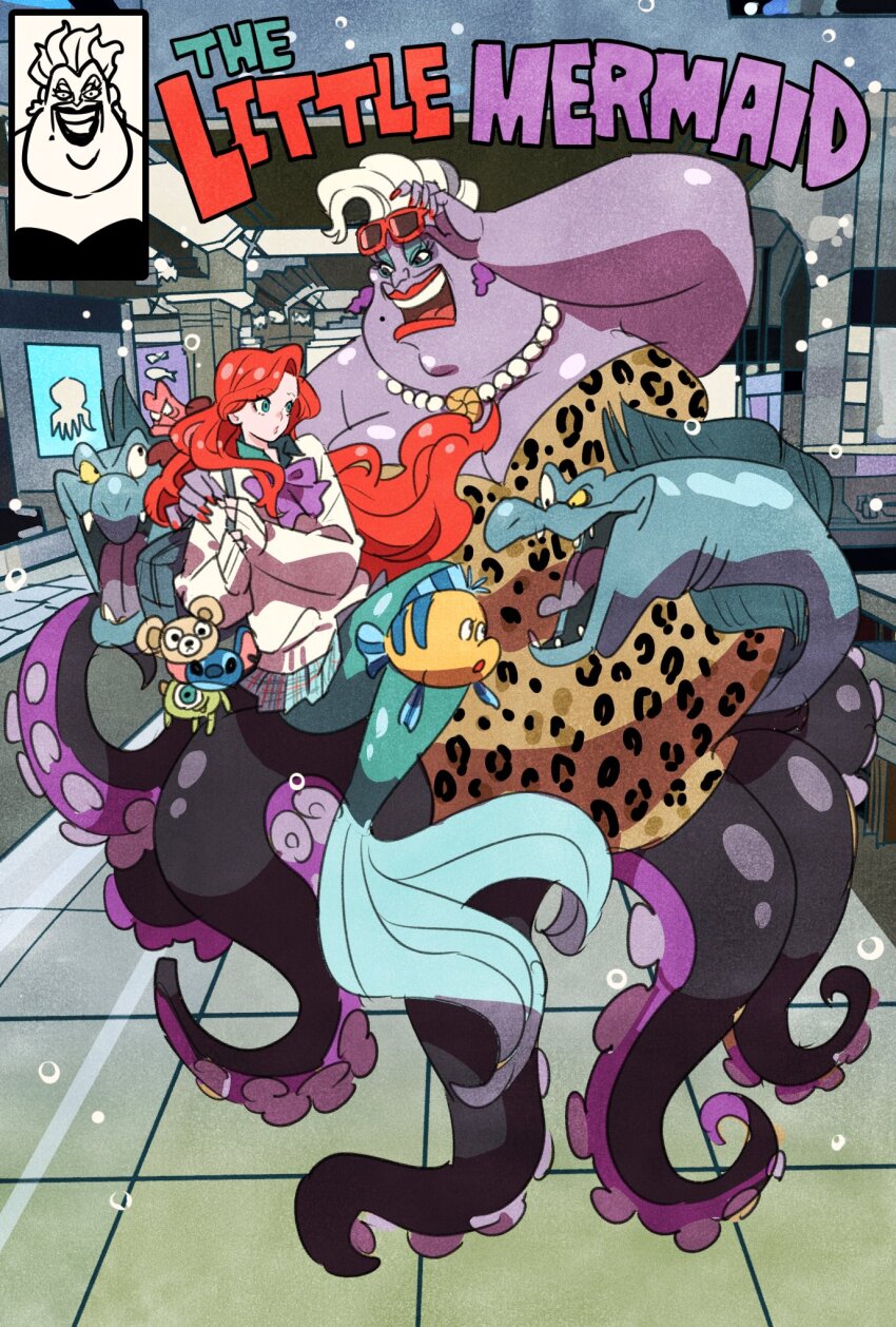 2girls animal_print ariel_(disney) arm_around_shoulder bag bow bowtie breasts character_charm charm_(object) cleavage colored_skin earrings eel eyewear_on_head fins fish fish_tail flotsam_(disney) flounder_(the_little_mermaid) full_body heterochromia highres huge_breasts jetsam_(disney) jewelry leopard_print long_hair mermaid mike_wazowski mole mole_on_cheek monster_girl multiple_girls necklace open_mouth outdoors pearl_necklace plaid_clothes plaid_skirt pleated_skirt purple_bow purple_bowtie purple_skin red_hair red_lips scylla shell shell_earrings short_hair shoulder_bag skirt sleeves_past_wrists stitch_(lilo_&amp;_stitch) stuffed_animal stuffed_toy sweater swept_bangs tail takeuchi_ryousuke teddy_bear tentacles the_little_mermaid_(disney) ursula_(disney) wavy_hair white_eyes white_hair white_sweater yellow_eyes