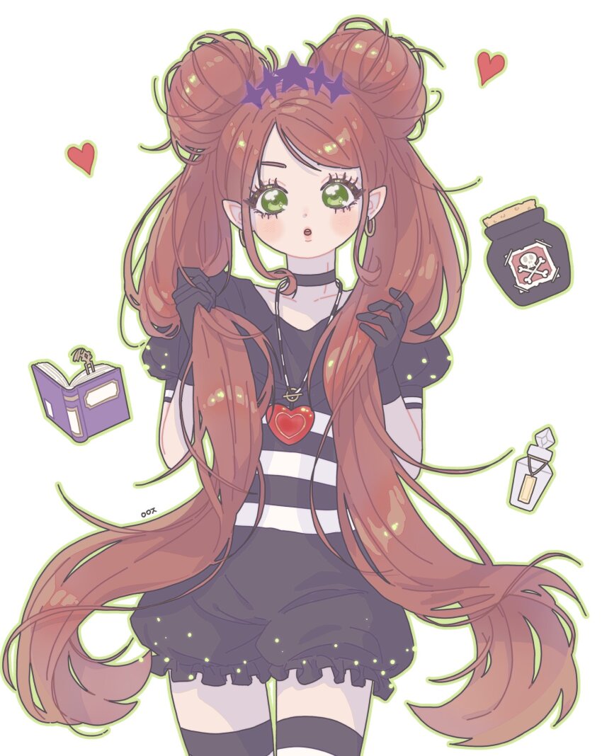 1girl blush chocolat_meilleure choker commentary_request cowboy_shot crown double_bun earrings eyangjin eyelashes gloves hair_bun heart_pendant highres holding holding_own_hair jar jewelry korean_commentary orange_hair pointy_ears simple_background solo sugar_sugar_rune thighhighs twintails white_background