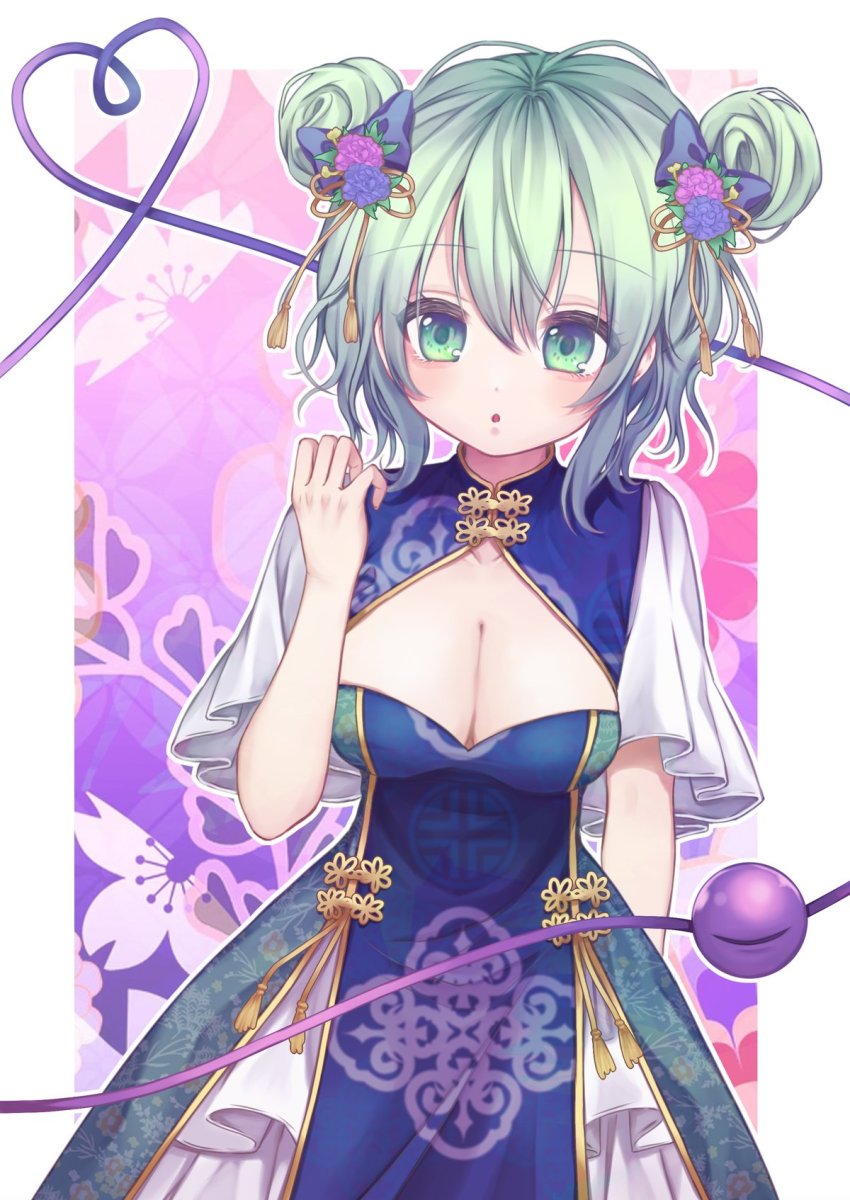 1girl :o alternate_costume arm_at_side blue_bow blue_dress blue_flower bow breasts china_dress chinese_clothes cleavage cleavage_cutout clothing_cutout cowboy_shot double_bun dress flower green_eyes green_hair hair_between_eyes hair_bow hair_bun hair_flower hair_ornament hair_ribbon hand_up heart heart_of_string highres komeiji_koishi large_breasts looking_at_viewer medium_hair no_headwear open_mouth purple_flower ribbon rnkgmn short_sleeves solo tassel third_eye touhou wide_sleeves yellow_ribbon