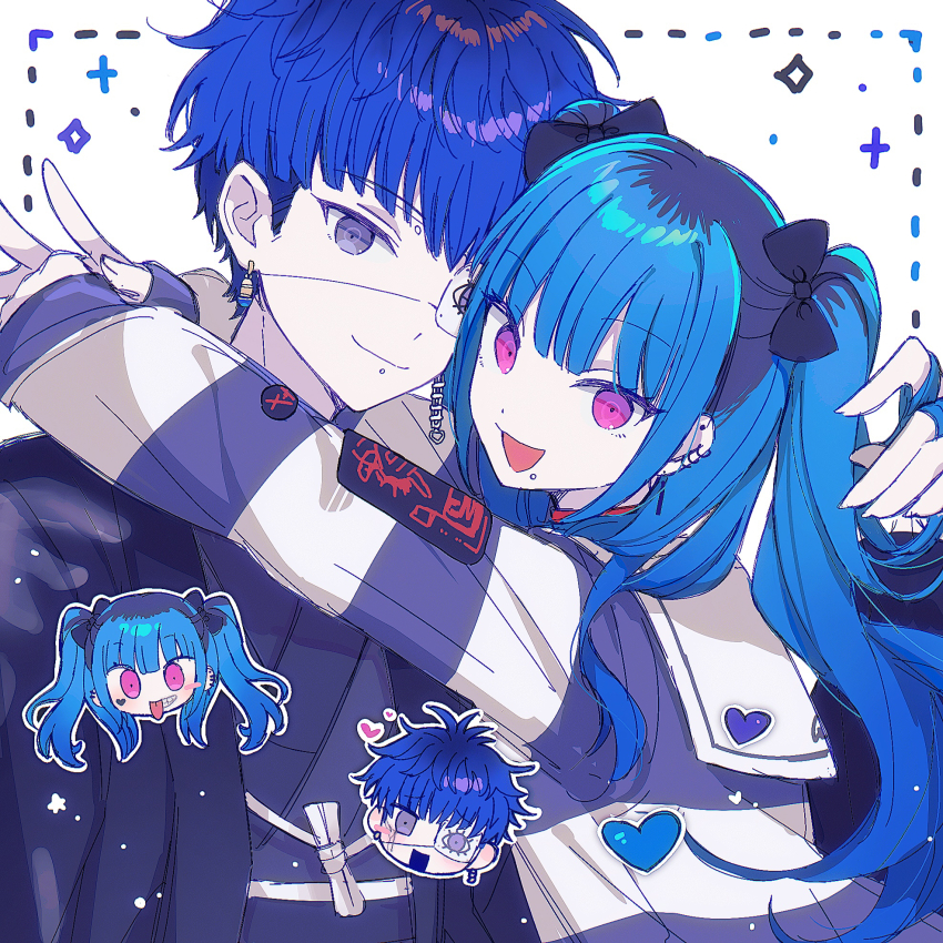 1boy 1girl :d amemiya_darumi arms_around_neck blue_hair chibi chibi_inset chinese_commentary commentary_request earrings eyepatch face_piercing highres japanese_clothes jewelry labret_piercing long_hair looking_at_viewer multicolored_hair omokage_yugamu open_mouth piercing pink_eyes purple_eyes roots_(hair) short_hair smile striped_clothes the_hundred_line_-last_defense_academy- variant_set white_background yellowboom