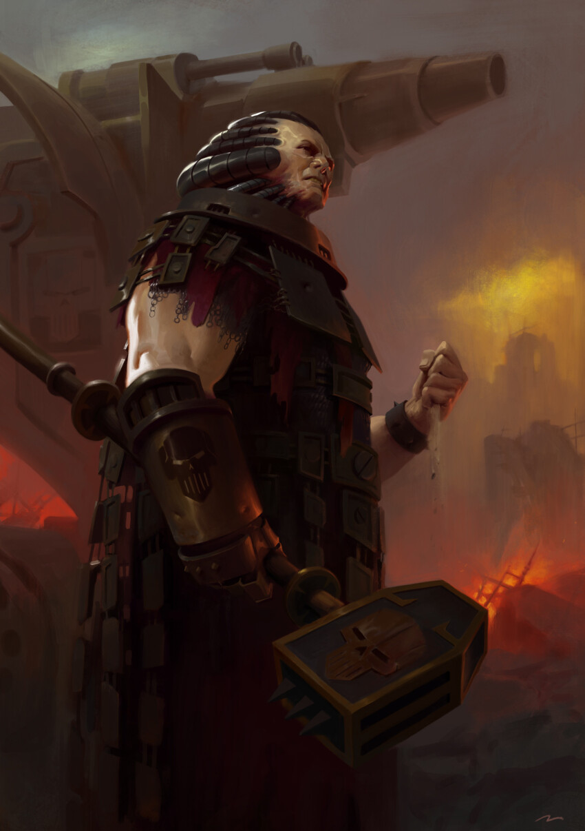 1boy angry armor bald cable cannon chain clenched_hand cloud cloudy_sky commentary english_commentary fire fog gauntlets hammer highres holding holding_hammer holding_weapon iron_warriors male_focus muscular muscular_male official_art oruam outdoors perturabo photoshop_(medium) power_armor primarch ruins single_gauntlet skull_print sky solo teeth upper_teeth_only war_hammer warhammer_40k weapon