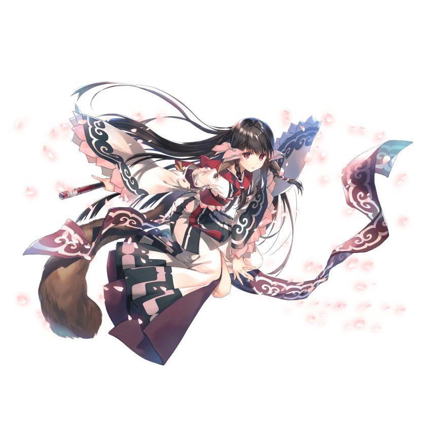 1girl ainu_clothes animal_ears black_hair bow braid full_body hair_between_eyes highres long_hair mitsumi_misato official_art red_eyes rulutieh twin_braids utawarerumono utawarerumono:_itsuwari_no_kamen