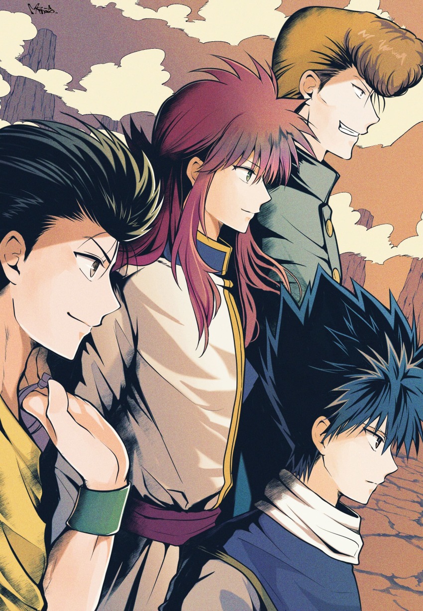 4boys absurdres black_hair brown_eyes brown_hair from_side green_eyes green_hair headband hiei highres kurama_(yu_yu_hakusho) kuwabara_kazuma minato_x3710 multiple_boys red_hair short_hair urameshi_yusuke yuu_yuu_hakusho