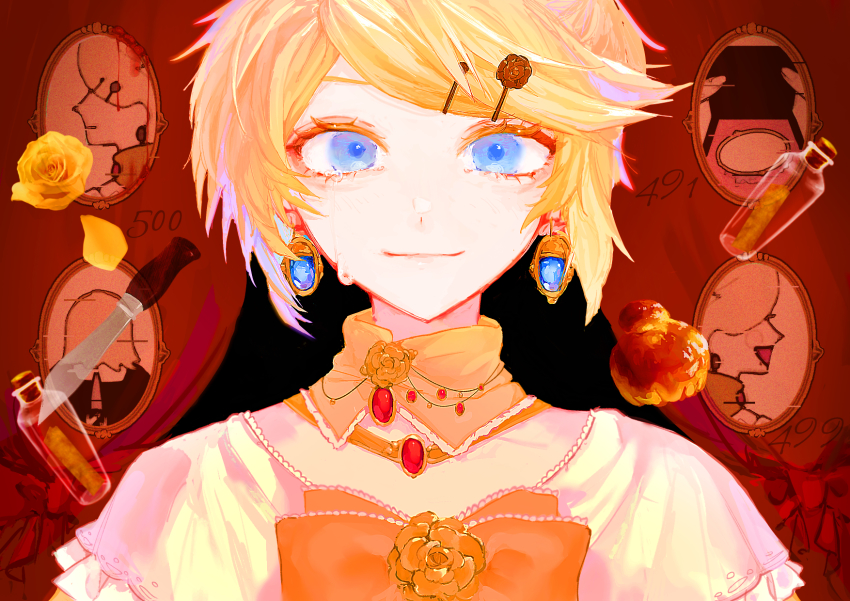 1girl aku_no_musume_(vocaloid) blonde_hair blue_eyes bottle bow brooch capelet crying curtains detached_collar earrings evillious_nendaiki flower flower_ornament food four_mirrors_of_lucifenia hair_ornament hairclip highres jewelry kagamine_rin knife looking_at_viewer painting_(object) pastry portrait_(object) riliane_lucifen_d&#039;autriche rose sen-san smile solo swept_bangs vessel_of_sin vocaloid