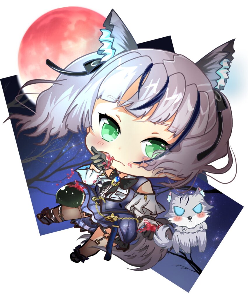 1girl blunt_bangs bow chibi cyon_v frills green_eyes heaven_burns_red highres moon narvy_(heaven_burns_red) official_alternate_costume official_alternate_hairstyle red_moon sugawara_chie twintails white_hair wolf_girl