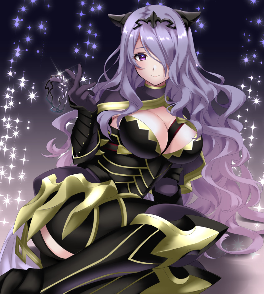 1girl armor breasts camilla_(fire_emblem) cleavage fire_emblem fire_emblem_fates hair_over_one_eye highres kakiko210 large_breasts long_hair nintendo purple_eyes purple_hair solo