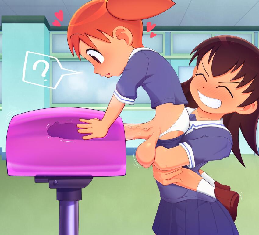 1futa 1girl azumanga_daiou blush breeding_mount brown_eyes brown_hair carrying carrying_person flashfigure futanari heart large_penis large_testicles loli mihama_chiyo orange_hair panties penis shirt shoes skirt socks takino_tomo testicles underwear