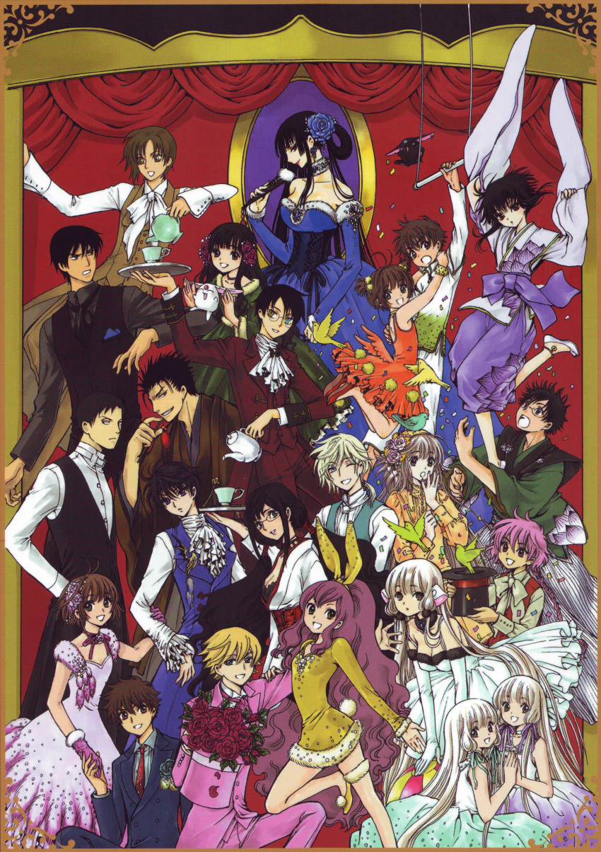 00s 10s 1990s_(style) 6+boys 6+girls absurdres black_hair blonde_hair blood-c blue_eyes breasts brown_eyes brown_hair cardcaptor_sakura chiho chii chise chobits clamp crossover daidouji_tomoyo doumeki_shizuka dress fai_d._flowright flower gate_7 glasses green_eyes hanato_kobato heterochromia highres horitsuba_gakuen ichihara_yuuko kinomoto_sakura kisaragi_saya kobato. kurogane li_xiaolang long_hair looking_at_viewer mokona multiple_boys multiple_crossover multiple_girls pink_hair plant red_eyes retro_artstyle rose sakura_hime shizuka_domeki siblings sisters tsubasa_chronicle tsubasa_reservoir_chronicle twins watanuki_kimihiro wavy_hair x xiaolang xxxholic yuuko_ichihara