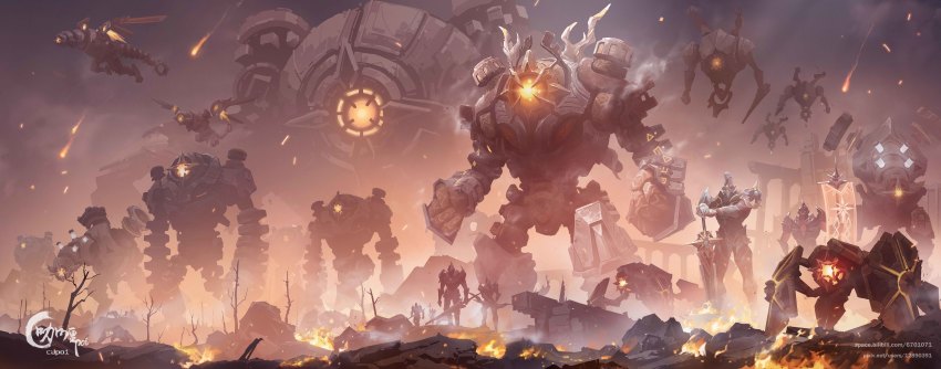 absurdres armor banner black_serpent_knight_(genshin_impact) chigalidepoi fire full_armor genshin_impact glowing glowing_eye highres incredibly_absurdres no_humans robot ruin_defender_(genshin_impact) ruin_drake_(genshin_impact) ruin_golem_(genshin_impact) ruin_grader_(genshin_impact) ruin_guard_(genshin_impact) ruin_hunter_(genshin_impact) ruins scenery steam sword watermark weapon