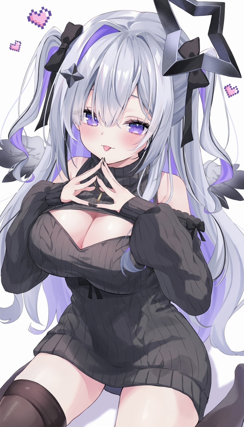 1girl :p absurdres amane_konata angel angel_wings aoha_(aohasora) black_halo black_sweater black_thighhighs black_wings breasts cleavage cleavage_cutout clothing_cutout colored_inner_hair commentary dress feathered_wings gradient_wings grey_hair halo highres hololive large_breasts long_hair looking_at_viewer mini_wings multicolored_hair multicolored_wings purple_eyes purple_hair shoulder_cutout simple_background single_hair_intake solo star_halo steepled_fingers streaked_hair sweater thighhighs tongue tongue_out turtleneck turtleneck_dress turtleneck_sweater virtual_youtuber white_background white_wings wings