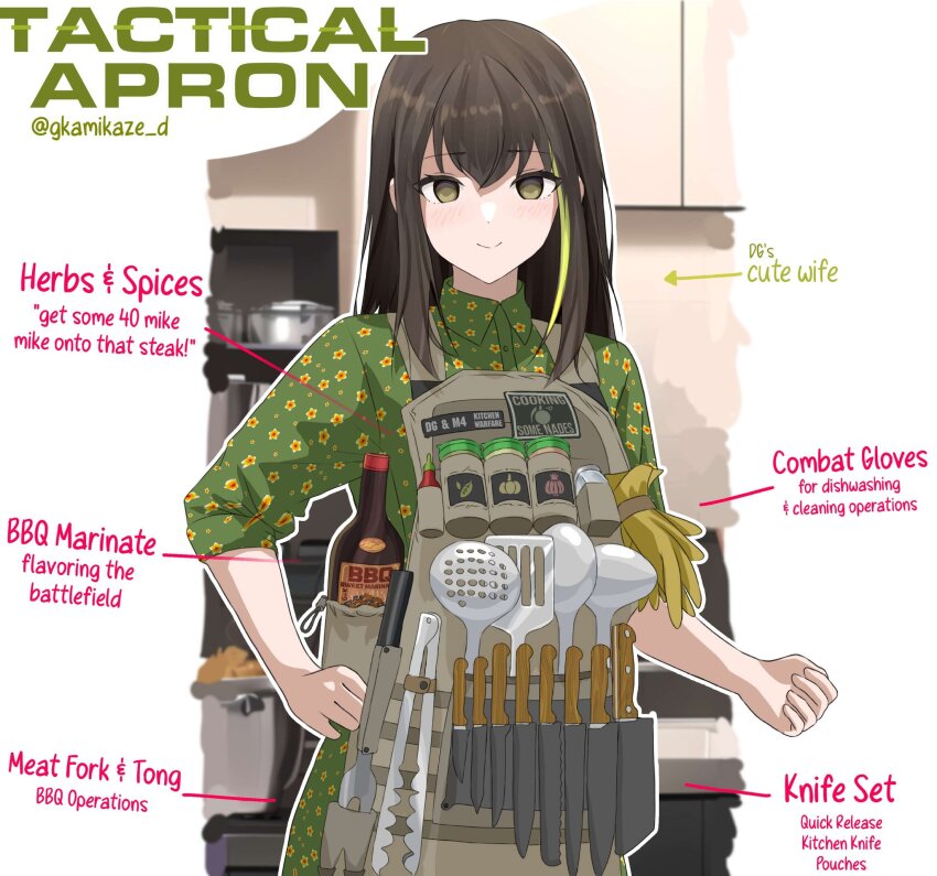 1girl apron black_hair blush brown_eyes collared_shirt commentary cooking_pot dgkamikaze english_commentary english_text floral_print girls&#039;_frontline gloves green_hair hand_on_own_hip highres kitchen kitchen_knife long_hair looking_at_viewer m4a1_(girls&#039;_frontline) multicolored_hair sauce shirt sleeves_rolled_up smile spatula streaked_hair tongs twitter_username