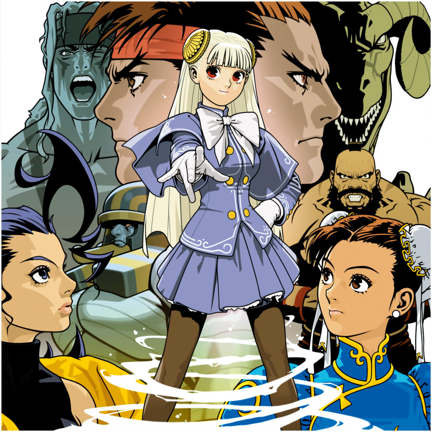 3girls 5boys absurdres alex_(street_fighter) anakaris capcom capcom_fighting_jam chun-li crossover darkstalkers demitri_maximoff from_side gloves hairpods hauzer headband highres ingrid_(capcom) leo_(warzard) long_sleeves looking_at_viewer mori_toshiaki multiple_boys multiple_girls official_art pantyhose pleated_skirt profile purple_skirt rose_(street_fighter) ryu_(street_fighter) simple_background skirt street_fighter warzard white_background white_gloves zangief