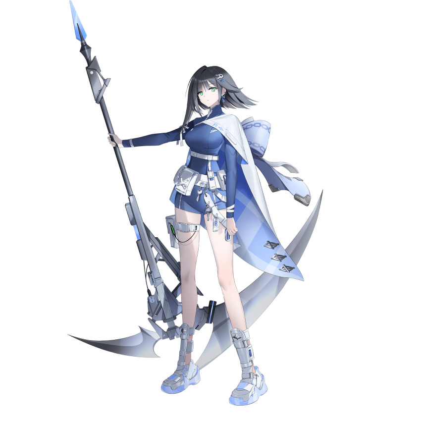 abigail_(black_survival) black_survival blue_bodysuit bodysuit boots cape eternal_return:_black_survival green_eyes hair_ornament hairclip highres holding holding_scythe official_art ribbon scythe short_hair tagme white_boots white_cape