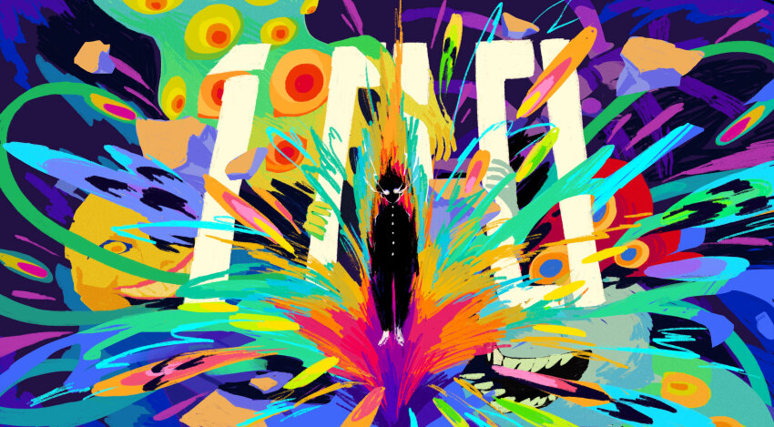 1boy black_pants colorful commentary disembodied_eye disembodied_hand energy english_commentary full_body gakuran highres kageyama_shigeo male_focus mob_psycho_100 no_pupils pants school_uniform sharp_teeth shoes solo spearmintaii teeth white_eyes white_shoes