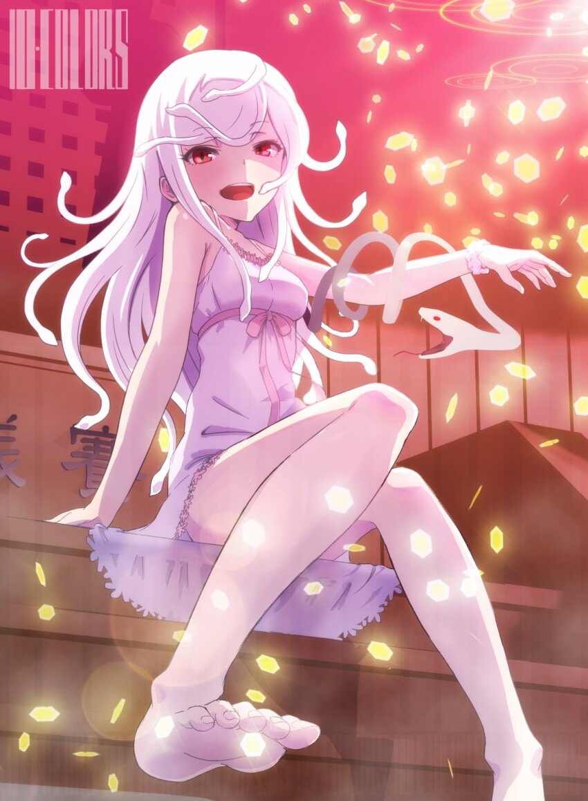 1girl armpit_crease artist_name bare_legs bare_shoulders breasts dress eyelashes feet foot_out_of_frame god_nadeko highres knees_together_feet_apart legs monogatari_(series) open_mouth otorimonogatari purple_dress red_background red_eyes redrawn s.h.v sengoku_nadeko sidelocks sitting sleeveless sleeveless_dress small_breasts snake_hair soles solo toenails toes white_hair