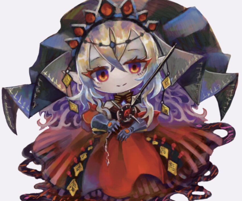1girl black_veil blazing_cartesia_the_virtuous chibi dress duel_monster ecclesia_(yu-gi-oh!) grey_background grey_hair holding holding_sword holding_weapon natanekoko pale_skin pointy_ears red_dress red_eyes smile solo sword veil weapon yu-gi-oh!