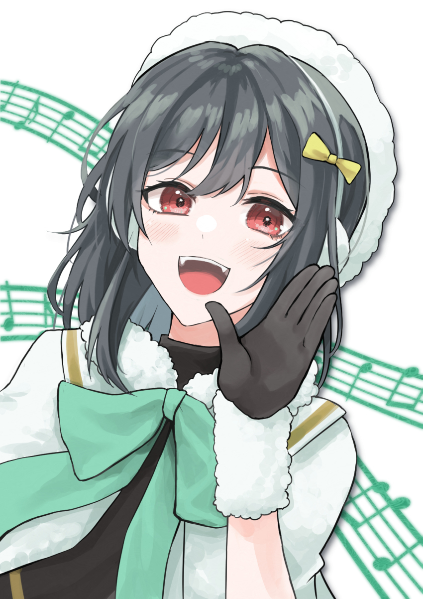 1girl black_gloves black_hair bow capelet colorful_dreams!_colorful_smiles!_(love_live!) earmuffs fang fur-trimmed_capelet fur_trim gloves green_bow hair_ribbon hat highres looking_at_viewer love_live! love_live!_nijigasaki_high_school_idol_club mifune_shioriko open_mouth red_eyes ribbon siftsubo solo musical_staff upper_body white_capelet white_hat yellow_ribbon