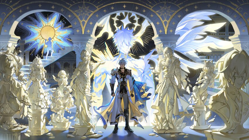 2boys absurdres aglaea_(honkai:_star_rail) alternate_form anaxa_(honkai:_star_rail) antenna_hair armor asymmetrical_wings black_choker black_gloves black_pants black_shirt blood bloody_tears blue_cape cape castorice_(honkai:_star_rail) choker cipher_(honkai:_star_rail) coat commentary cracked_skin dual_persona english_commentary fingerless_gloves gloves halo halo_behind_head highres honkai:_star_rail honkai_(series) hyacine_(honkai:_star_rail) male_focus material_growth multiple_boys muoi mydei_(honkai:_star_rail) neck_tattoo pants pauldrons phainon_(honkai:_star_rail) shirt short_hair shoulder_armor single_glove single_pauldron stairs statue sun_symbol sun_tattoo tan tattoo thigh_strap torn_clothes torn_shirt trianne_(honkai:_star_rail) tribbie_(honkai:_star_rail) trinnon_(honkai:_star_rail) white_coat white_hair wings yellow_blood yellow_halo