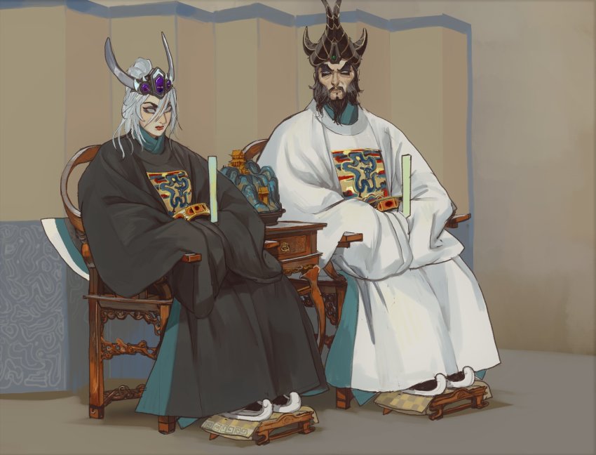 1boy 1girl black_hair blue_eyes brother_and_sister chinese_clothes closed_mouth crown footrest hands_in_opposite_sleeves highres long_sleeves looking_at_viewer miao_ying mossacannibalis shoes siblings sitting sleeves_past_fingers sleeves_past_wrists throne total_war total_war:_warhammer_3 warhammer_fantasy white_hair