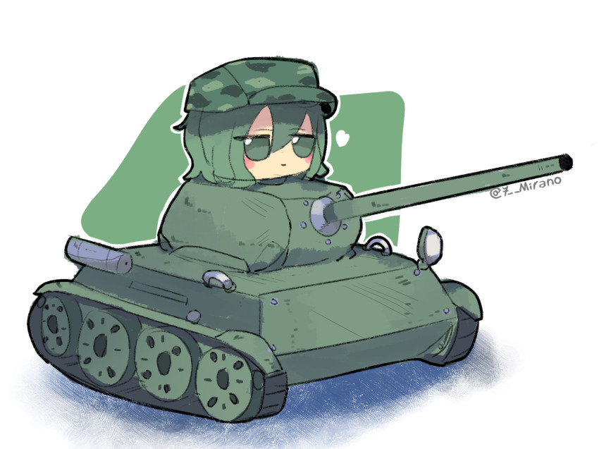 1girl 7-mirano camouflage camouflage_hat camouflage_headwear caterpillar_tracks character_doll doll flat_cap fumo_(doll) green_eyes green_hair hat highres jitome military military_vehicle motor_vehicle solo tank touhou yamashiro_takane