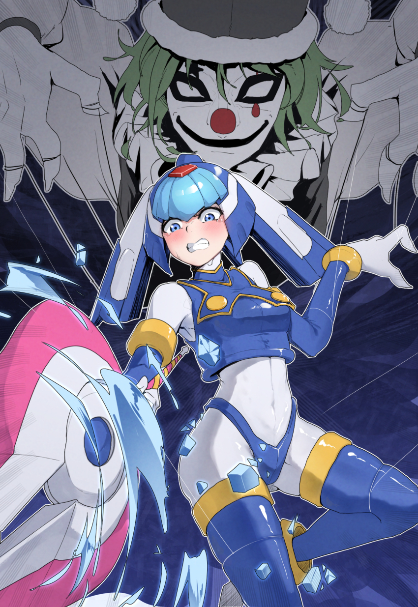 1boy 1girl armor blue_armor blue_eyes blue_helmet blush breasts clenched_teeth cowboy_shot fairy_leviathan_(mega_man) forehead_jewel helmet highres holding holding_polearm holding_weapon medium_breasts mega_man_(series) mega_man_zero_(series) polearm puppet_strings restrained skindentation smile solo_focus spear sweat tears teeth thighhighs thomas_(aoakumasan) weapon