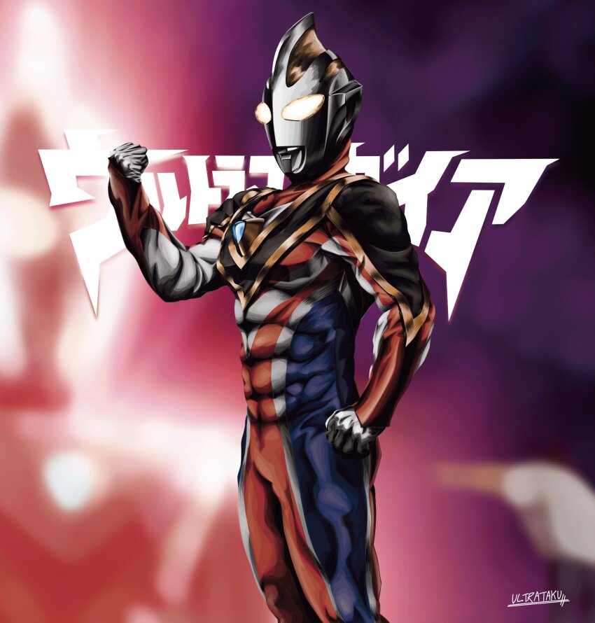 1boy abs alien armor artist_name blue_skin blurry blurry_background breastplate character_background character_name clenched_hands colored_skin commentary compound_eyes cowboy_shot dorsal_fin glowing glowing_eyes gold_trim hand_up highres legs_together looking_down multicolored_skin muscular muscular_male pectorals purple_background shoulder_armor signature silver_skin solo standing tokusatsu ultra_series ultraman_gaia ultraman_gaia_(series) ultraman_gaia_(supreme_version) ultrataku white_eyes wrinkled_skin