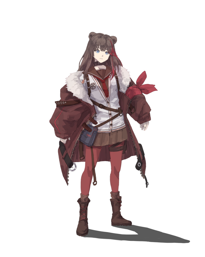 1010kman 1girl arknights black_choker blue_eyes boots breasts brown_boots brown_hair brown_jacket brown_sailor_collar brown_skirt brown_socks choker expressionless full_body fur-trimmed_jacket fur_trim hair_between_eyes highres jacket lace-up_boots long_hair long_sleeves looking_at_viewer multicolored_hair neckerchief open_clothes open_jacket pantyhose red_hair red_neckerchief red_pantyhose ribbed_socks sailor_collar school_uniform shirt sidelocks simple_background skirt small_breasts socks solo standing streaked_hair white_shirt zima_(arknights)