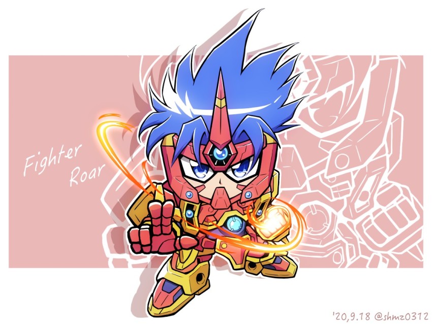 1boy armor blue_hair character_name chibi clenched_hand fighter_roar fighting_stance glowing glowing_hand kouta_azuma looking_at_viewer male_focus power_armor shokkaa_(shmz61312) solo super_robot_wars super_robot_wars_original_generation super_robot_wars_original_generation_gaiden