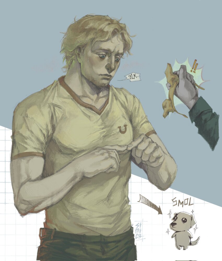 ! !! 1boy arrow_(symbol) beard_stubble belt blonde_hair blue_eyes blush chibi curly_(mouthwashing) curly_(pre-crash)_(mouthwashing) curly_hair dog dog_ear_hairband english_text facial_hair finger_touching green_sleeves grid_background highres holding horseshoe_print looking_at_object male_focus mouthwashing muscular muscular_male out_of_frame pleading_eyes shirt short_hair solo sparkle speech_bubble stubble sweatdrop tomtit_bird toned toned_male two-tone_background upper_body yellow_shirt