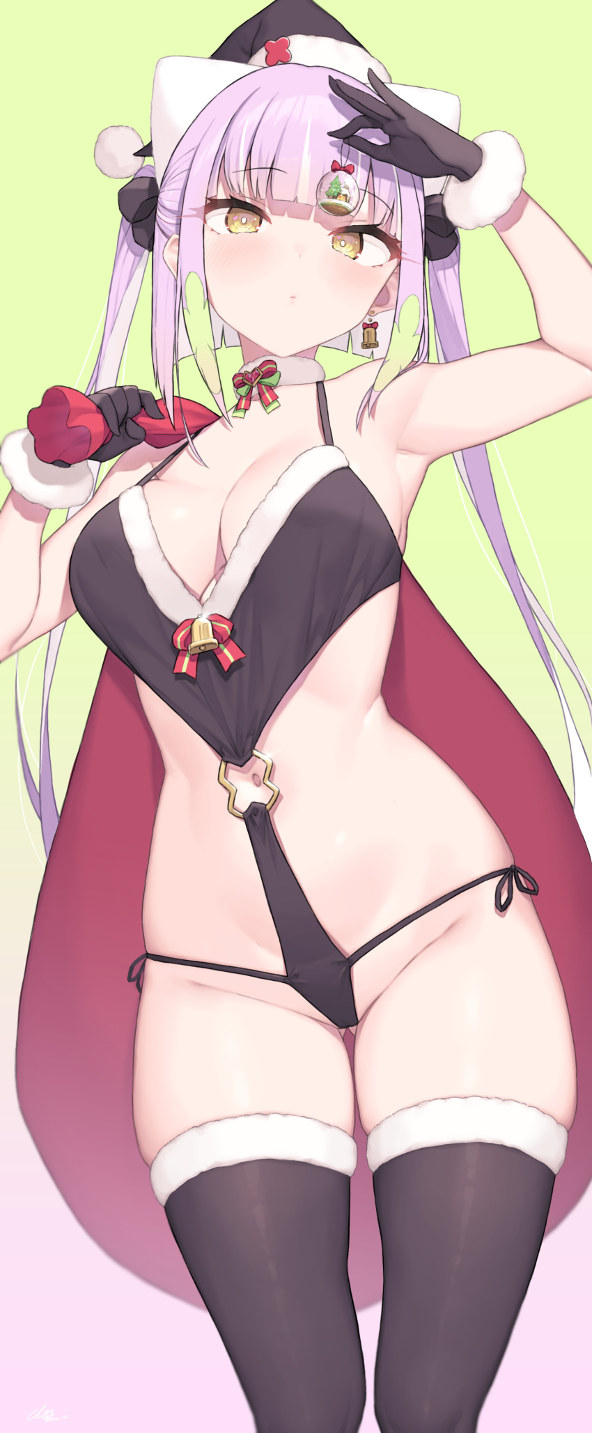 1girl absurdres animal_ears arm_up armpits bare_shoulders bikini black_bikini black_gloves black_thighhighs blonde_girl_(cloba) breasts choker christmas cleavage cloba fake_animal_ears fur_trim gloves gluteal_fold hair_ribbon halterneck hand_up hat highres holding long_hair looking_at_viewer medium_breasts original pink_hair revealing_clothes ribbon sack santa_hat side-tie_bikini_bottom skindentation solo standing strap_gap string_bikini swimsuit thighhighs thighs twintails white_choker yellow_eyes