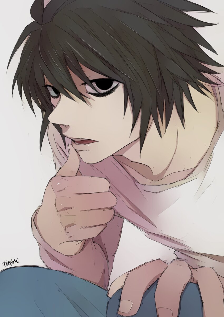 1boy bags_under_eyes black_hair blue_pants death_note hand_on_own_knee highres hijirino_yuuta l_(death_note) long_sleeves looking_at_viewer male_focus open_mouth pants shirt short_hair simple_background solo teeth thinking white_shirt