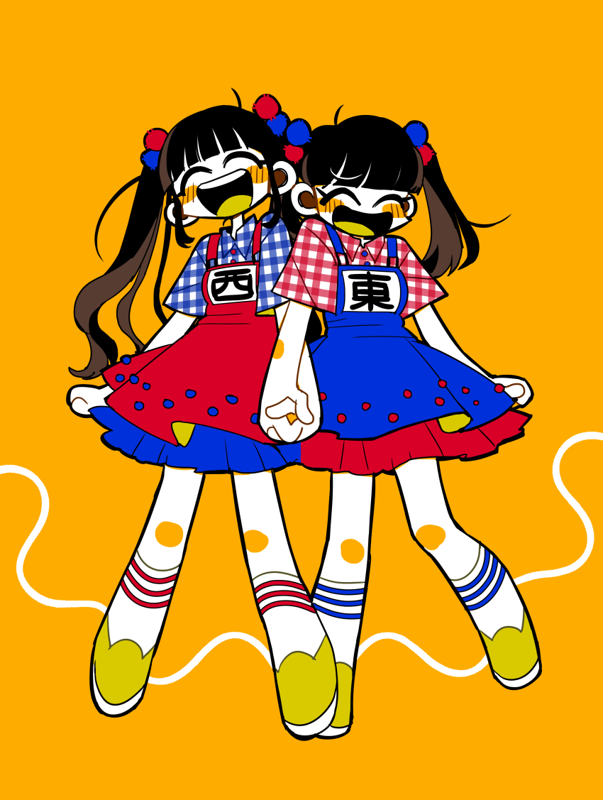 2girls ^_^ absurdres black_hair blue_shirt blue_skirt blunt_bangs blush_stickers closed_eyes colored_tongue commentary_request facing_viewer full_body hair_bobbles hair_ornament higashi_lisa highres holding_hands long_hair matching_hairstyle matching_outfits multiple_girls nama_hamu_to_yaki_udon nishii_marina open_mouth orange_background overall_skirt plaid_clothes plaid_shirt red_shirt red_skirt shirt shoes short_sleeves side-by-side simple_background skirt smile socks striped_clothes striped_socks tonkatsu184 twintails white_socks yellow_shoes yellow_tongue