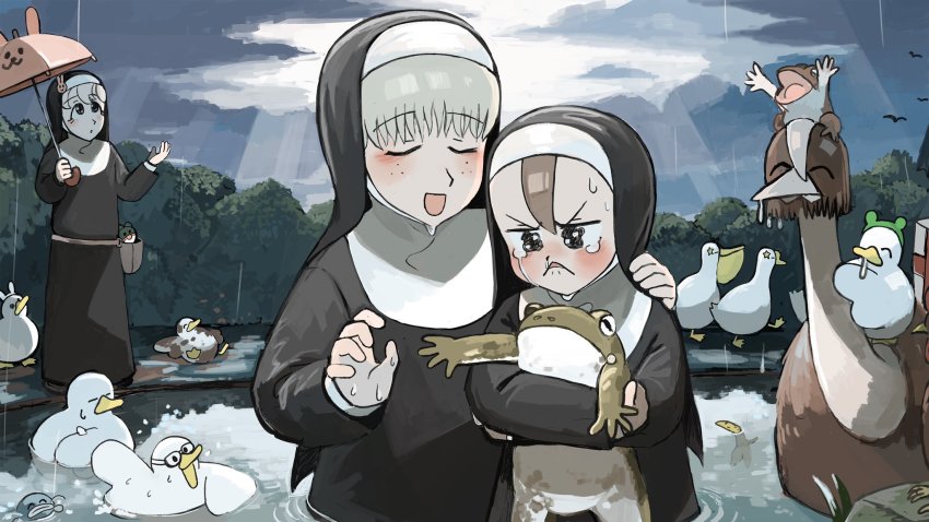 3girls :&lt; :d animal animal_ears animal_hug banana_peel beak belt bird box brown_eyes brown_hair bullfrog bunny_nun_(diva) bush catfish chicken chicken_feet closed_eyes cloud commentary diva_(hyxpk) doll duck english_commentary fake_animal_ears fish freckles frog frog_headband froggy_nun_(diva) gift gift_box goggles goose grey_hair habit hair_ornament hand_on_another&#039;s_shoulder hand_up highres little_nuns_(diva) mud multiple_girls nun open_mouth ostrich out_of_frame outdoors pelican pink_umbrella rabbit_ears rabbit_hair_ornament rain sheep_nun_(diva) slice_of_life smile snot star_(symbol) sunlight swimming tears traditional_nun umbrella utility_belt wet wet_clothes