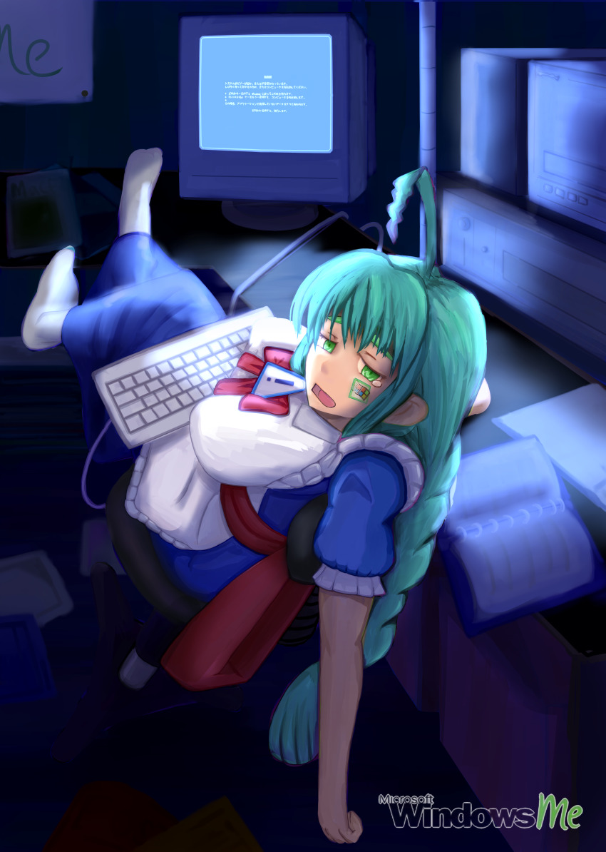 1girl absurdres ahoge anohito_(tokumei) apron braid computer_keyboard feet_up green_eyes green_hair highres leaning_back long_hair maid maid_apron me-tan microsoft_windows os-tan tired_eyes windows_classic windows_me