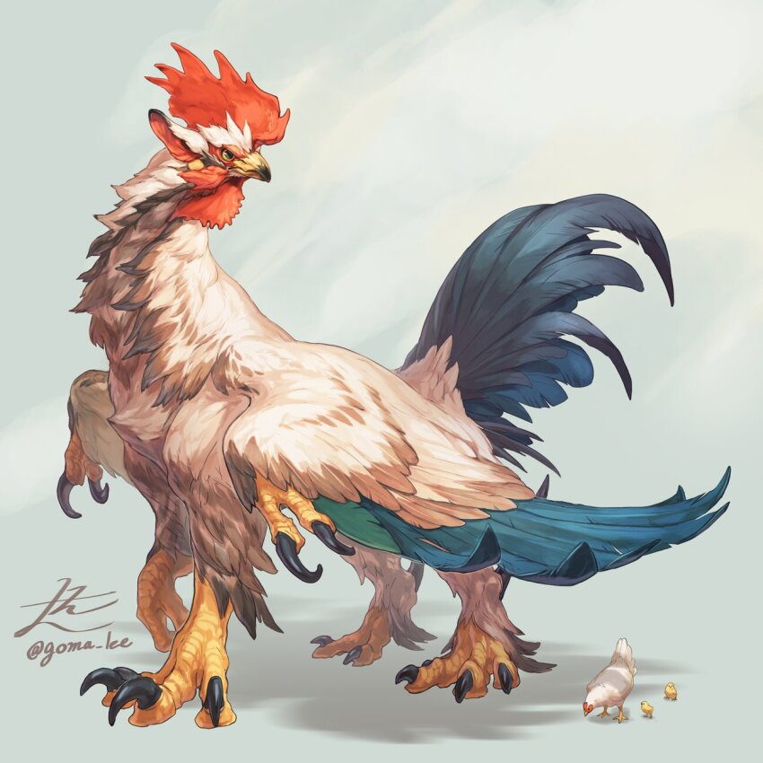 animal_focus bird chicken chimera commentary english_commentary full_body fusion grey_background griffin highres looking_back original rooster signature simple_background twitter_username wing_umbrella yamamura_le