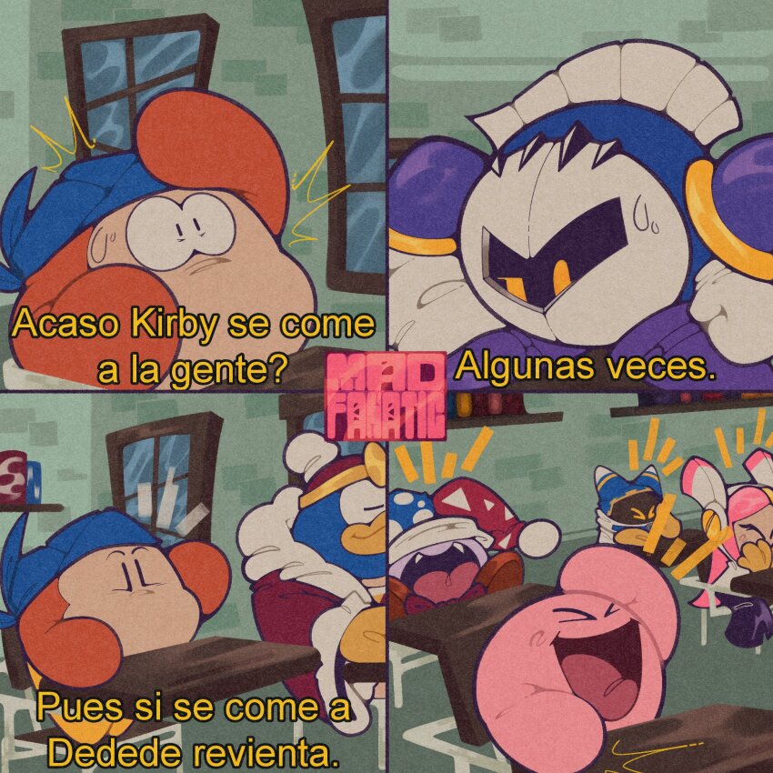 1girl armor artist_logo bandana bandana_waddle_dee blue_bandana bow bowtie classroom colored_skin desk el_chavo_del_ocho fangs gloves hat highres indoors jester_cap king_dedede kirby kirby_(series) laughing logo magolor marx_(kirby) mask meta_knight multiple_boys nintendo open_mouth pauldrons pink_hair pink_skin school_desk shelf shoulder_armor smile spanish_commentary spanish_text susie_(kirby) the_mad_fanatic translated white_gloves window yellow_eyes yellow_gloves