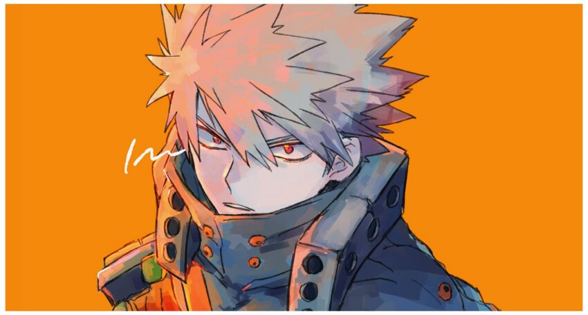 1boy bakugou_katsuki blonde_hair boku_no_hero_academia border commentary hair_between_eyes highres looking_at_viewer male_focus orange_background red_eyes short_hair simple_background solo spiked_hair sugokuinu superhero_costume symbol-only_commentary teeth white_border