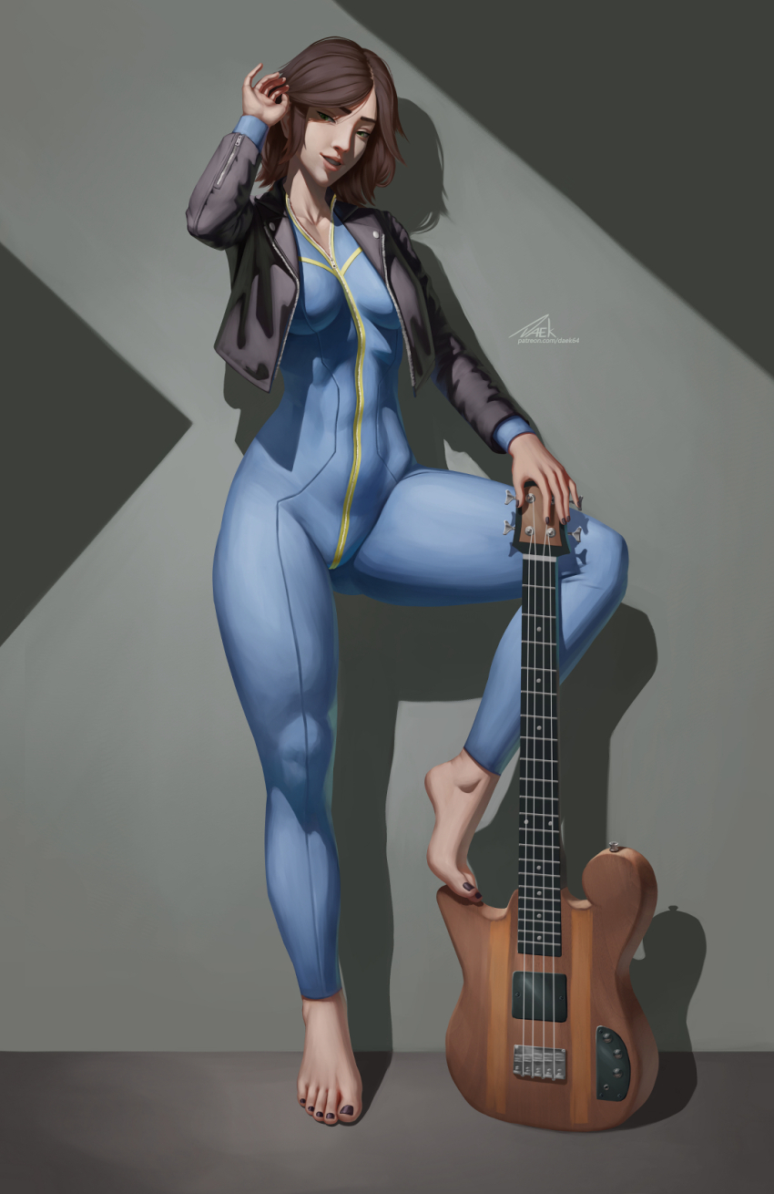 1girl barefoot black_eyes black_jacket black_nails blue_jumpsuit breasts brown_hair commentary commission daek64 electric_guitar english_commentary fallout fallout_4 full_body guitar highres instrument jacket jumpsuit long_sleeves medium_breasts nail_polish shadow short_hair solo standing standing_on_one_leg tiptoes toenail_polish toenails toes vault_girl