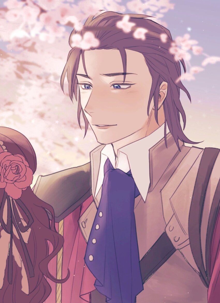 1boy 1girl ani_inako armor ascot black_hair brown_hair cherry_blossoms collared_shirt dame_x_prince highres joxxy_a3 light_particles long_sleeves looking_at_another male_focus out_of_frame outdoors parted_lips purple_ascot riot_volte shirt solo solo_focus spring_(season)