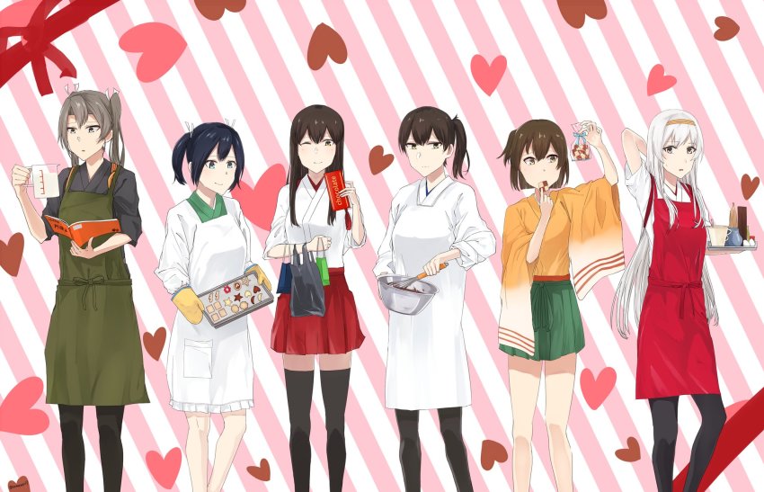 6+girls akagi_(kancolle) apron baking_sheet book brown_eyes brown_hair chocolate cookie female_focus food hair_ornament highres hiryuu_(kancolle) houshou_(kancolle) japanese_clothes kaga_(kancolle) kantai_collection lineup long_hair measuring_cup mixing_bowl multiple_girls oven_mitts pantyhose samonasu17 short_hair shoukaku_(kancolle) smile souryuu_(kancolle) standing straight_hair thighhighs whisk zuikaku_(kancolle)
