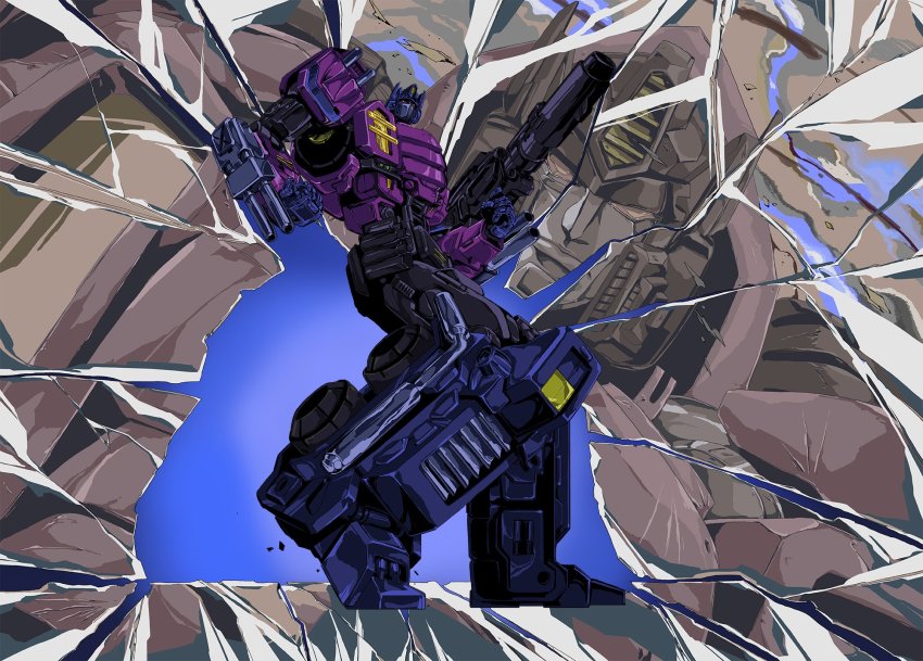 autobot box_art broken_glass commentary english_commentary glass gun highres hinomars19 holding holding_gun holding_weapon mecha multiple_views optimus_prime optimus_prime_(shattered_glass) red_eyes robot science_fiction solo_focus transformers transformers_shattered_glass weapon wheel