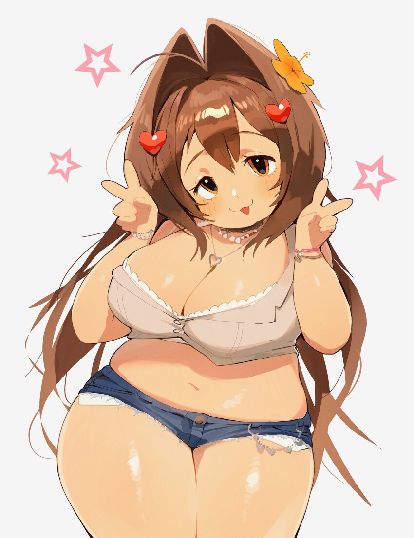1girl absurdres blush borrowed_character bracelet breasts brown_hair cleavage cutoffs eyelashes fat hair_intakes hair_ornament heart heart_hair_ornament highres jewelry large_breasts long_hair looking_at_viewer nanaco_(meisharan) navel original paobebe9000 shiny_skin shorts smile solo star_(symbol) v