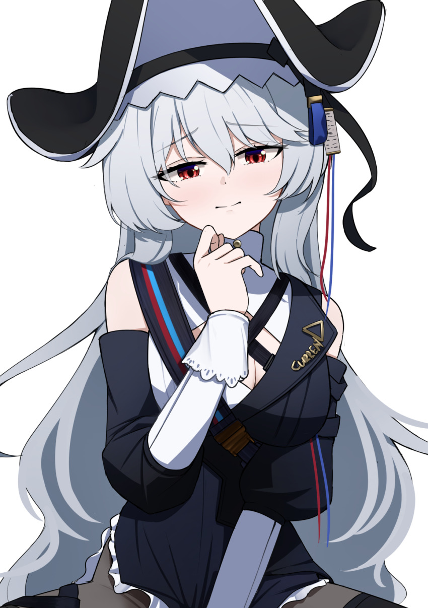 1girl arknights bare_shoulders black_hat breasts cleavage cleavage_cutout closed_mouth clothing_cutout grey_hair hair_between_eyes hand_on_own_chin hat highres long_hair long_sleeves looking_at_viewer medium_breasts red_eyes simple_background solo specter_(arknights) specter_the_unchained_(arknights) two-sided_fabric two-sided_headwear very_long_hair watakaze white_background white_hat