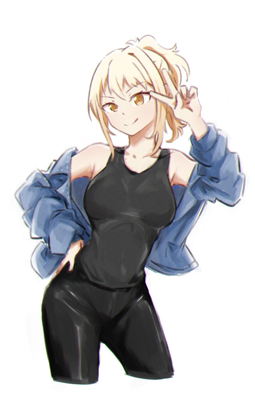 1girl absurdres black_legwear blue_shirt breasts collarbone hand_on_own_hip head_tilt highres homu_(homuplush) looking_at_viewer love_live! love_live!_nijigasaki_high_school_idol_club medium_breasts miyashita_ai off_shoulder orange_eyes pants ponytail shirt simple_background sketch smile solo white_background yoga_pants