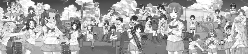 6+girls absurdres adjusting_eyewear ahoge aircraft_carrier akiyama_yukari anglerfish animal_ears arms_up ball bike_shorts_under_skirt blouse blunt_bangs blunt_ends blurry blurry_background bob_cut bump_(volleyball) caesar_(girls_und_panzer) cat_ears char_b1 clenched_hands clipboard closed_eyes closed_mouth cloud cloudy_sky coke-bottle_glasses commentary_request crossed_arms crossed_legs dark-skinned_female dark_skin day depth_of_field duck_head emblem erwin_(girls_und_panzer) everyone eyepatch facing_viewer fake_animal_ears fish flexing food frown fruit girls_und_panzer glasses gotou_moyoko greyscale grin hair_between_eyes hair_pulled_back hair_ribbon hair_tie hairband hand_to_own_mouth handheld_game_console hands_on_lap hanging hat headband highres holding holding_clipboard holding_handheld_game_console holding_pencil holding_sign holding_stuffed_toy holding_unworn_clothes holding_unworn_hat hoshino_(girls_und_panzer) incredibly_absurdres indian_style inou_takashi interlocked_fingers isobe_noriko isuzu_hana jagdpanzer_38(t) kadotani_anzu kawanishi_shinobu kawashima_momo knees_together_feet_apart kondou_taeko konparu_nozomi koyama_yuzu leaning_forward legs_up loafers long_hair long_image long_sleeves looking_at_another looking_at_viewer looking_back low_ponytail low_twintails lying m3_lee maruyama_saki medium_hair messy_hair midriff_peek military military_vehicle miniskirt momogaa_(girls_und_panzer) monochrome monocle motor_vehicle multiple_girls nakajima_(girls_und_panzer) neckerchief nekonyaa_(girls_und_panzer) nishizumi_miho no_hairband no_headband official_art on_back on_tank one_eye_closed ooarai_(emblem) ooarai_marine_tower ooarai_school_uniform oono_aya open_mouth oryou_(girls_und_panzer) ou_taiga outdoors own_hands_together panzer_iv parted_bangs parted_lips peach peaked_cap pencil piyotan_(girls_und_panzer) playing_games playing_sports pleated_skirt pointy_hair ponytail pushing reizei_mako ribbon saemonza_(girls_und_panzer) sailor_collar sakaguchi_karina sanada_clan_(emblem) sasaki_akebi sawa_azusa scarf school_uniform semi-rimless_eyewear serafuku ship shirt shoes short_hair short_ponytail short_sleeves sign sitting skirt sky sleeves_rolled_up smile sneakers socks sono_midoriko standing stuffed_animal stuffed_toy sturmgeschutz_iii suzuki_(girls_und_panzer) takebe_saori tank teddy_bear thighhighs tiger_(p) tsuchiya_(girls_und_panzer) twintails type_89_i-gou under-rim_eyewear unworn_hat unworn_headwear utsugi_yuuki volleyball volleyball_(object) warship watercraft wide_image yamagou_ayumi zuikaku_(girls_und_panzer)