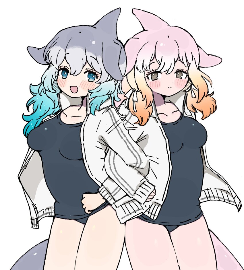 010mzam 2girls bare_legs blowhole blue_eyes blue_hair cetacean_tail chinese_white_dolphin_(kemono_friends) collarbone commentary_request common_bottlenose_dolphin_(kemono_friends) cowboy_shot dolphin_girl dorsal_fin fins fish_tail gradient_hair grey_eyes grey_hair hair_between_eyes head_fins high_collar highres jacket kemono_friends locked_arms long_sleeves looking_at_viewer matching_outfits multicolored_hair multiple_girls one-piece_swimsuit open_clothes open_jacket open_mouth orange_hair pink_hair school_swimsuit short_hair short_twintails sidelocks smile swimsuit tail twintails white_hair white_jacket