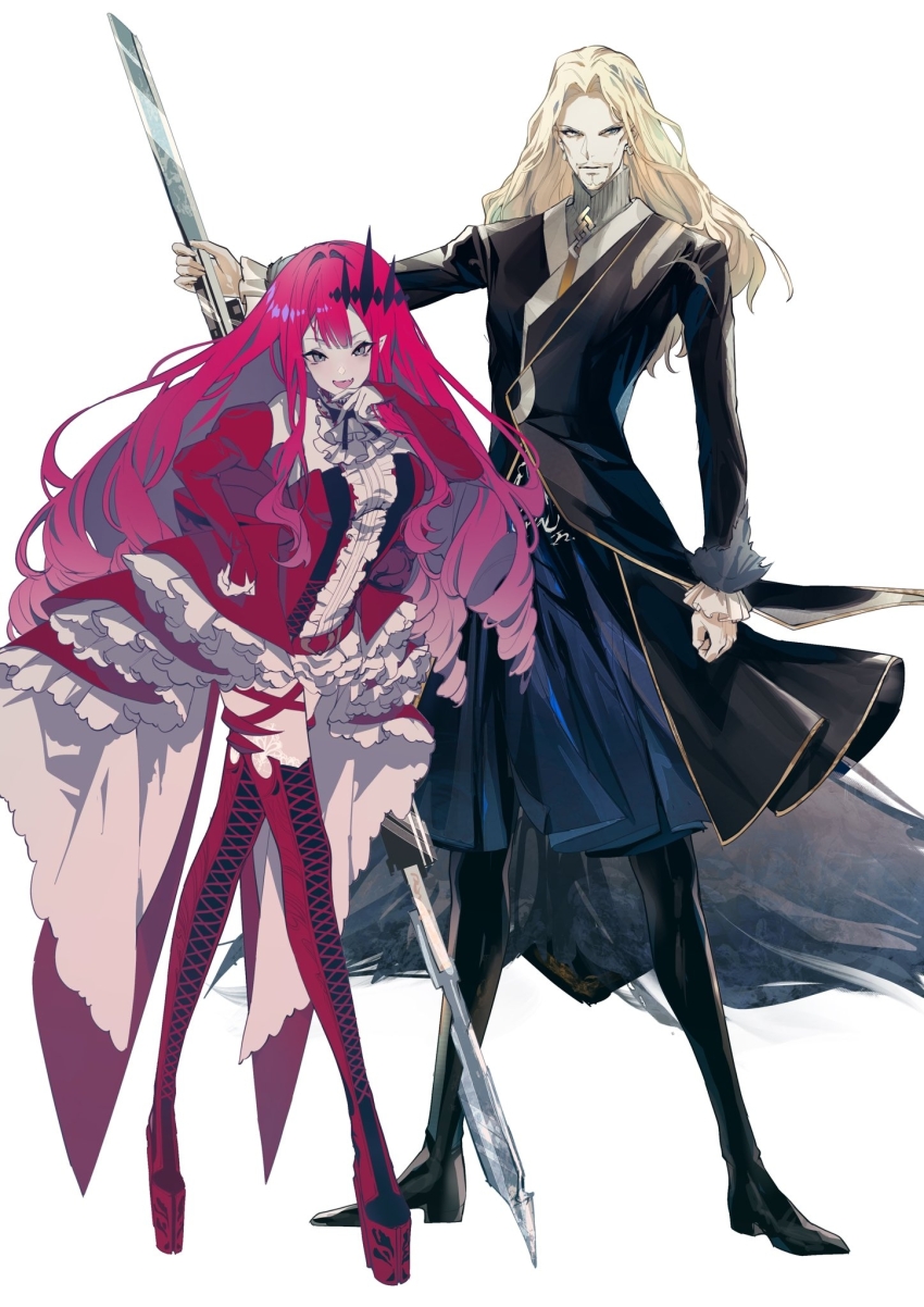 1boy 1girl baobhan_sith_(fate) baobhan_sith_(first_ascension)_(fate) bare_shoulders black_coat black_footwear blonde_hair boots breasts coat cuso4_suiwabutu detached_sleeves dress facial_hair fang fate/grand_order fate_(series) frills full_body grey_eyes hair_ornament hand_on_own_hip hand_up high_heel_boots high_heels highres holding holding_polearm holding_weapon long_hair looking_at_viewer open_mouth pink_hair platform_footwear platform_heels pointy_ears polearm red_dress red_footwear sidelocks skin_fang smile thigh_boots third-party_source type-moon vampire vlad_iii_(fate/apocrypha) weapon white_background
