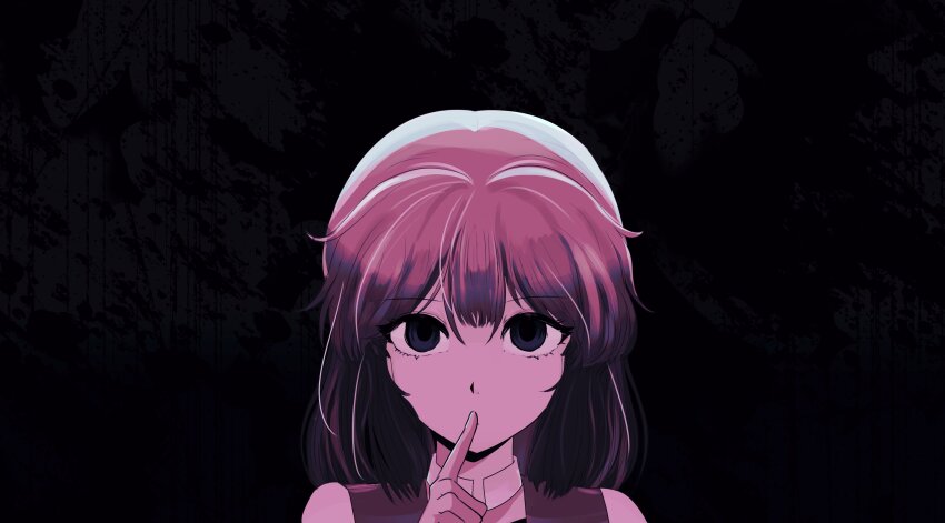 1other absurdres androgynous bare_shoulders benny_(len&#039;en) black_background black_eyes brown_hair choker closed_mouth ex_mugennumaya expressionless eyelashes finger_to_mouth hair_between_eyes highres jacket kuzu_suzumi len&#039;en light_frown looking_at_viewer medium_hair orange_jacket other_focus simple_background sleeveless sleeveless_jacket solo straight-on upper_body white_choker