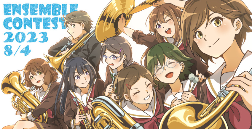 1boy 6+girls black_hair brown_eyes brown_hair cymbals drumsticks euphonium fluffy_hair fuyuhino glasses grin hair_ornament hairclip happy hibike!_euphonium holding holding_drumsticks holding_instrument horn_(instrument) inoue_junna instrument kamaya_tsubame katou_hazuki kohinata_yume kousaka_reina long_hair looking_at_viewer medium_hair morimoto_michiyo multiple_girls one_eye_closed oumae_kumiko purple_eyes short_hair smile trombone trumpet tsukamoto_shuuichi tuba white_background